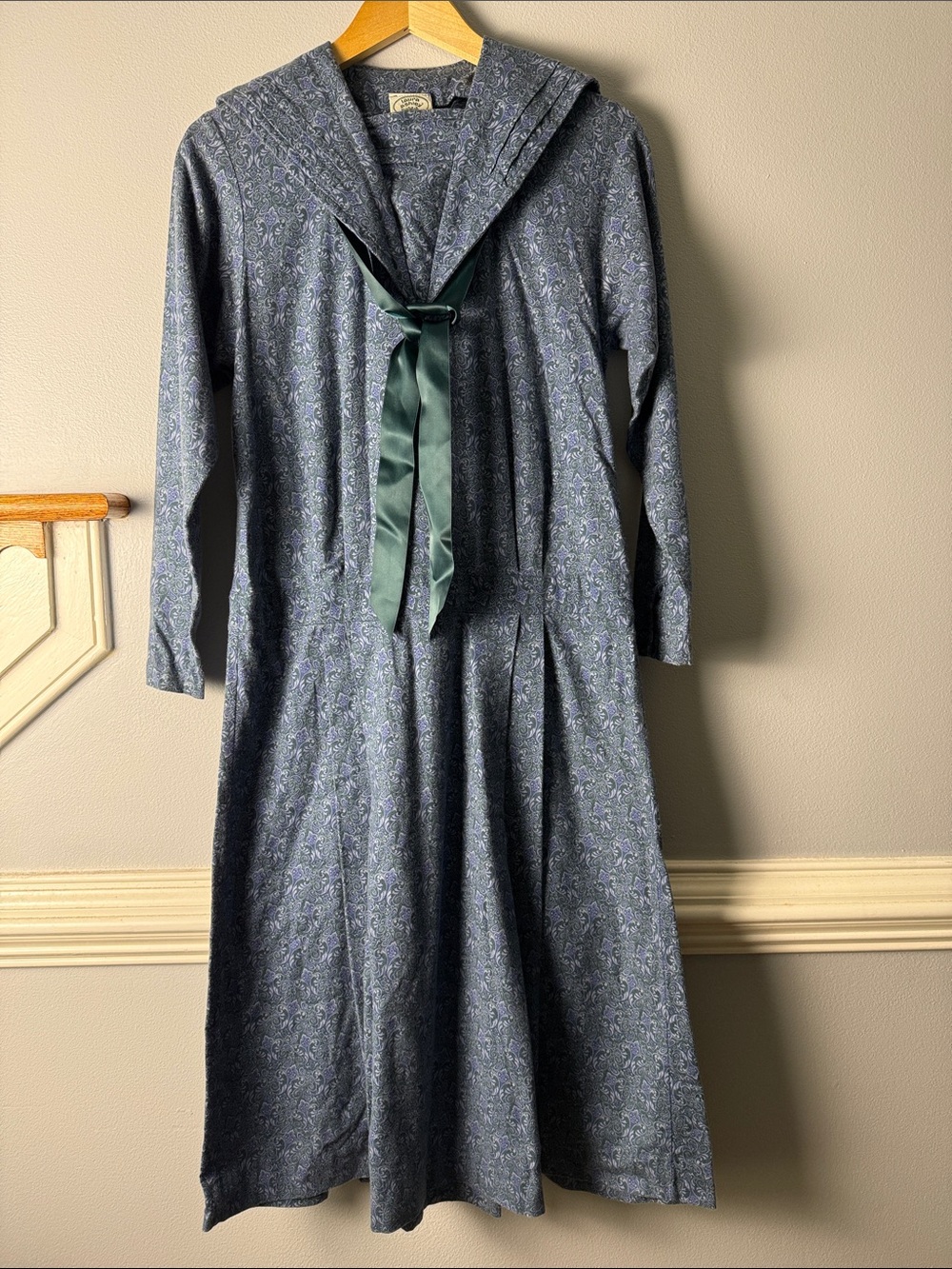 Laura Ashley Slate Blue Paisley Long-Sleeve Sailor Dress with Green Ribbon